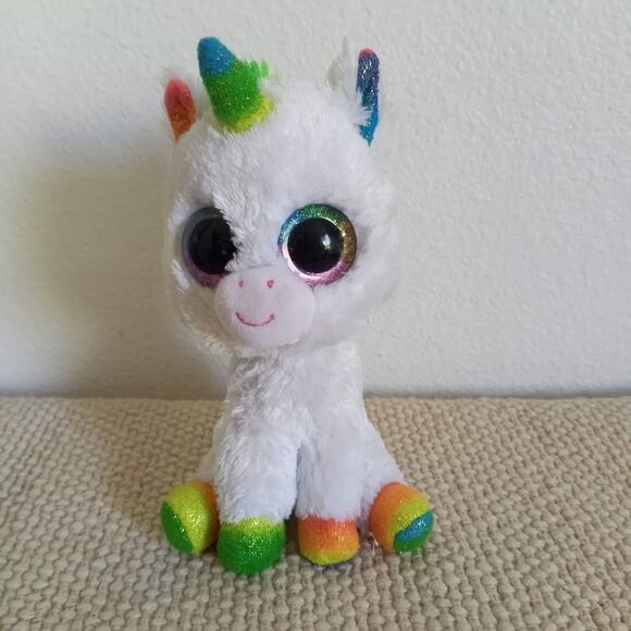 TY Pixy Unicorn TySilk Beanie Boo White Rainbow 7" Large Sparkle Glitter Eyes - Picture 1 of 8